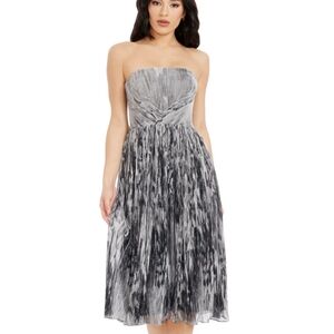 Dress the Population Strapless Silver Gray Pleated Midi Dress